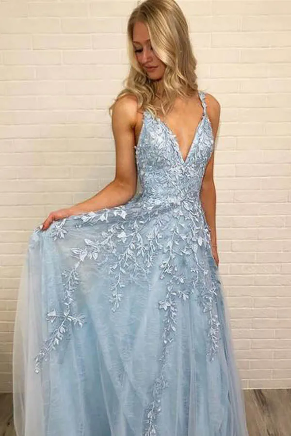 V-neck Sky Blue Lace Prom Dresses Long Rose Red Formal Maxi Dress , MP430