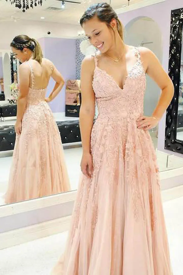 V-neck Sky Blue Lace Prom Dresses Long Rose Red Formal Maxi Dress , MP430