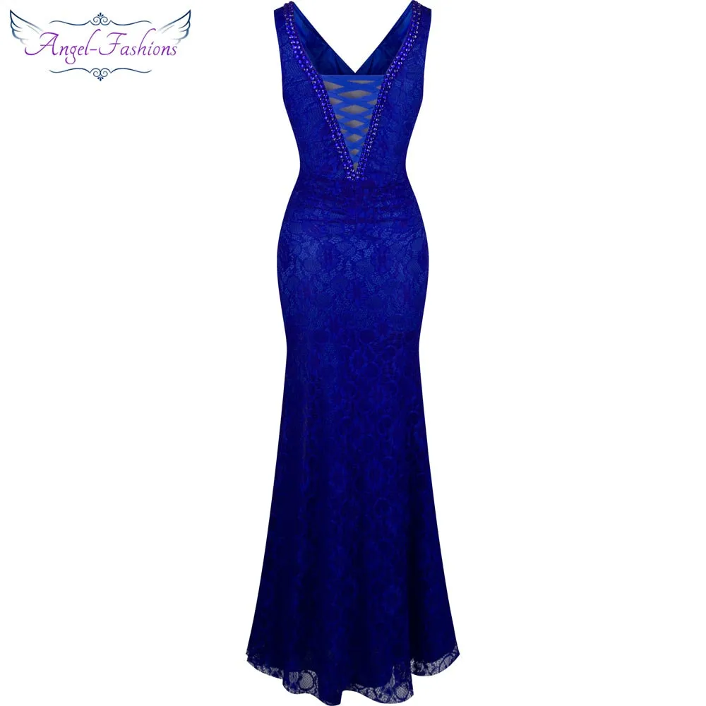 V-Neck Through Lace Evening Dress
