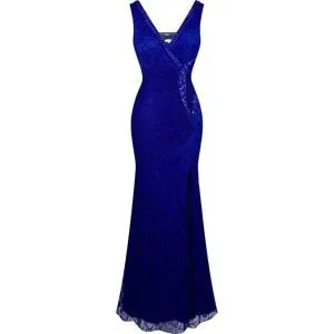 V-Neck Through Lace Evening Dress