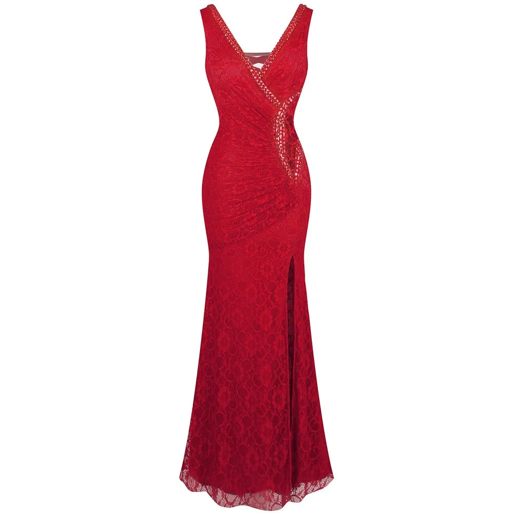 V-Neck Through Lace Evening Dress