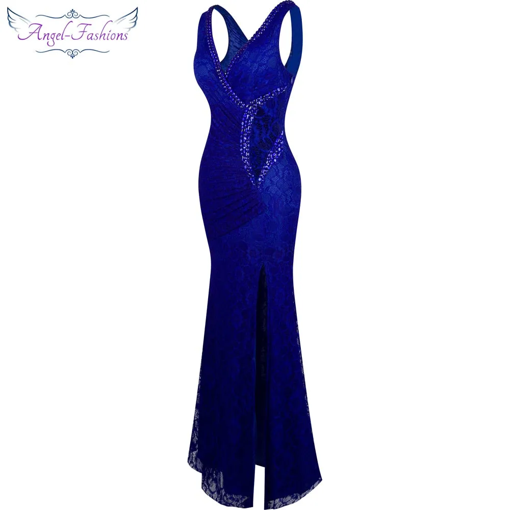 V-Neck Through Lace Evening Dress