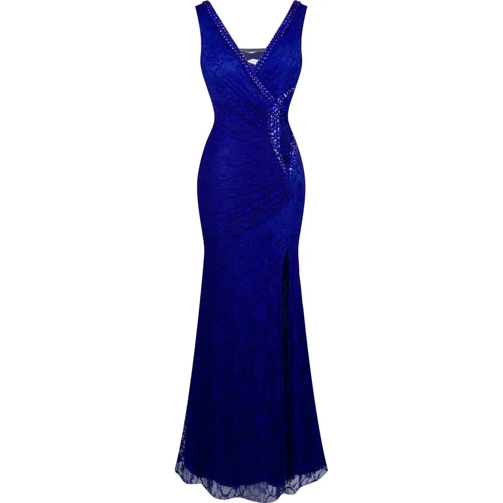 V-Neck Through Lace Evening Dress