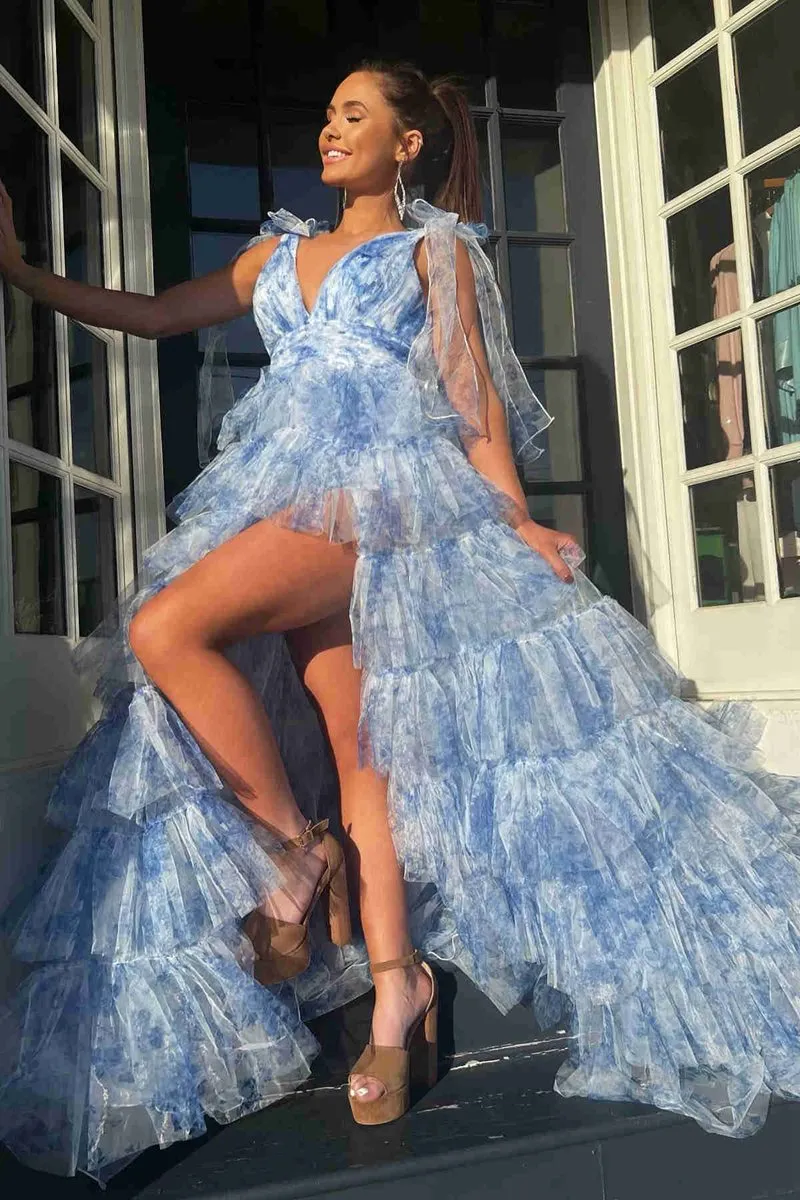 V-Neck Tie Straps Floral Print Layered Long Prom Dresses