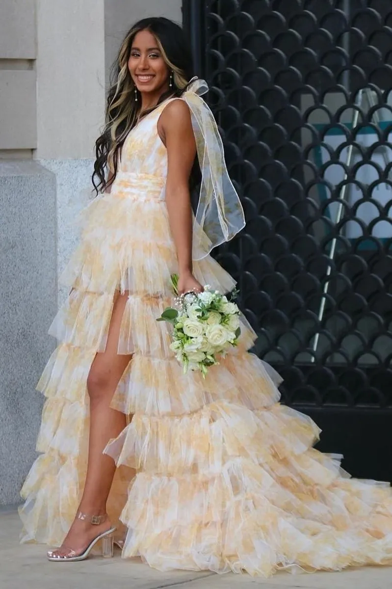 V-Neck Tie Straps Floral Print Layered Long Prom Dresses