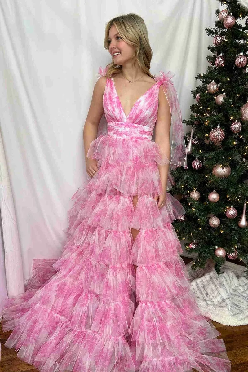 V-Neck Tie Straps Floral Print Layered Long Prom Dresses