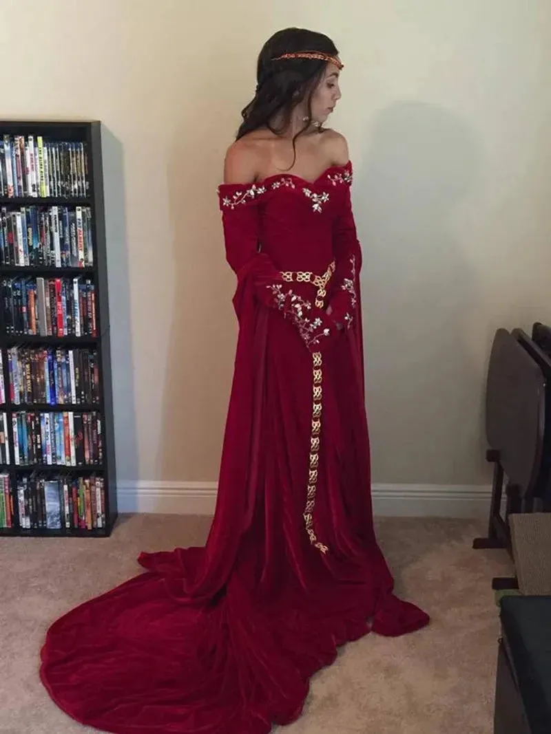 Velvet Karakou Algerian Evening Dress Appliques Lace Prom Party Gowns Long Sleeves Formal Women Dresses