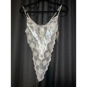Vintage 80s Lingerie Teddy Bridal White Sheer Lace Cinema Etoile Pin Up S NWT