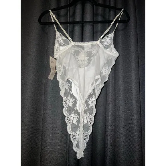 Vintage 80s Lingerie Teddy Bridal White Sheer Lace Cinema Etoile Pin Up S NWT