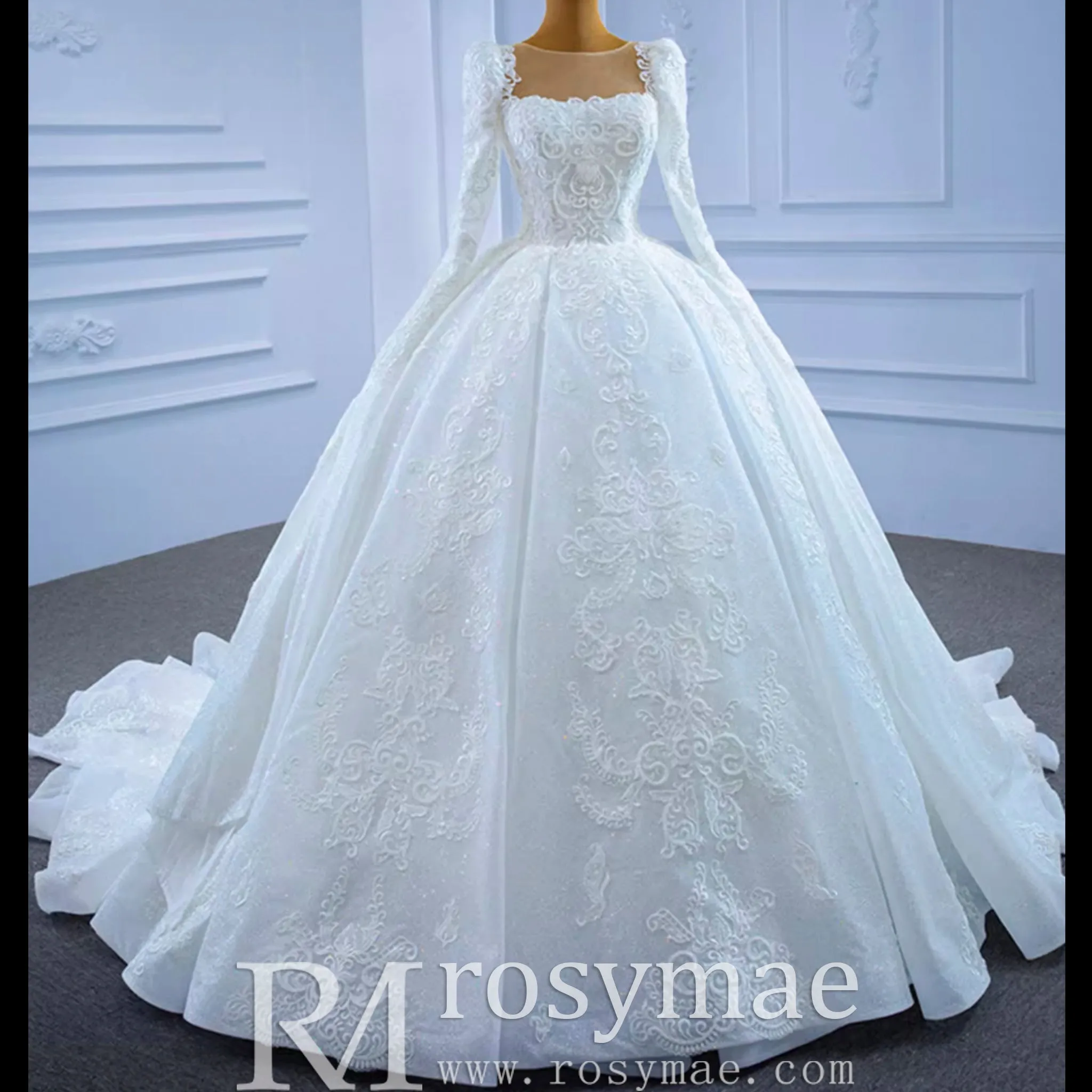 Vintage Beaded Lace Sheer Scoop Wedding Dress with Long Sleeves