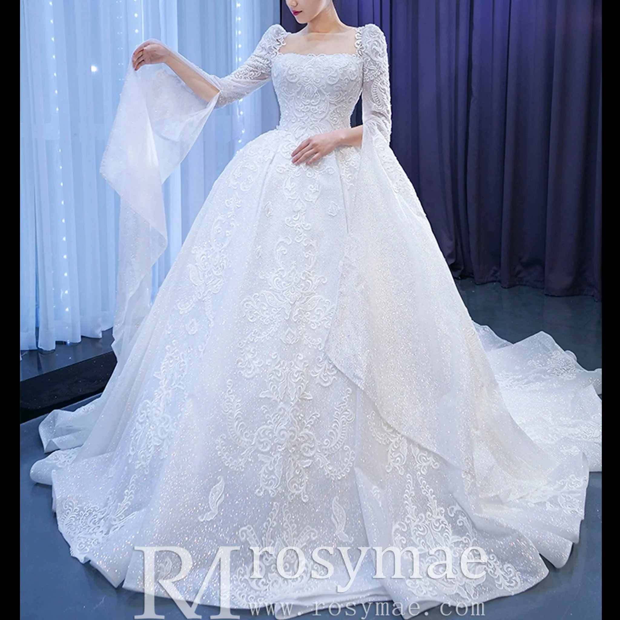 Vintage Beaded Lace Sheer Scoop Wedding Dress with Long Sleeves