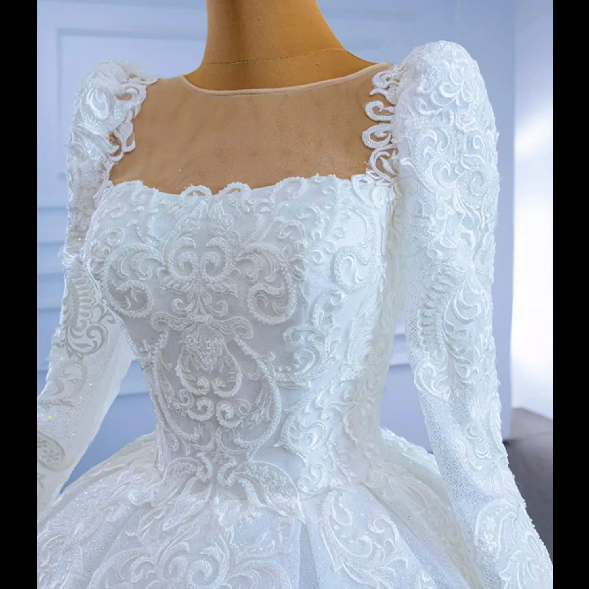 Vintage Beaded Lace Sheer Scoop Wedding Dress with Long Sleeves