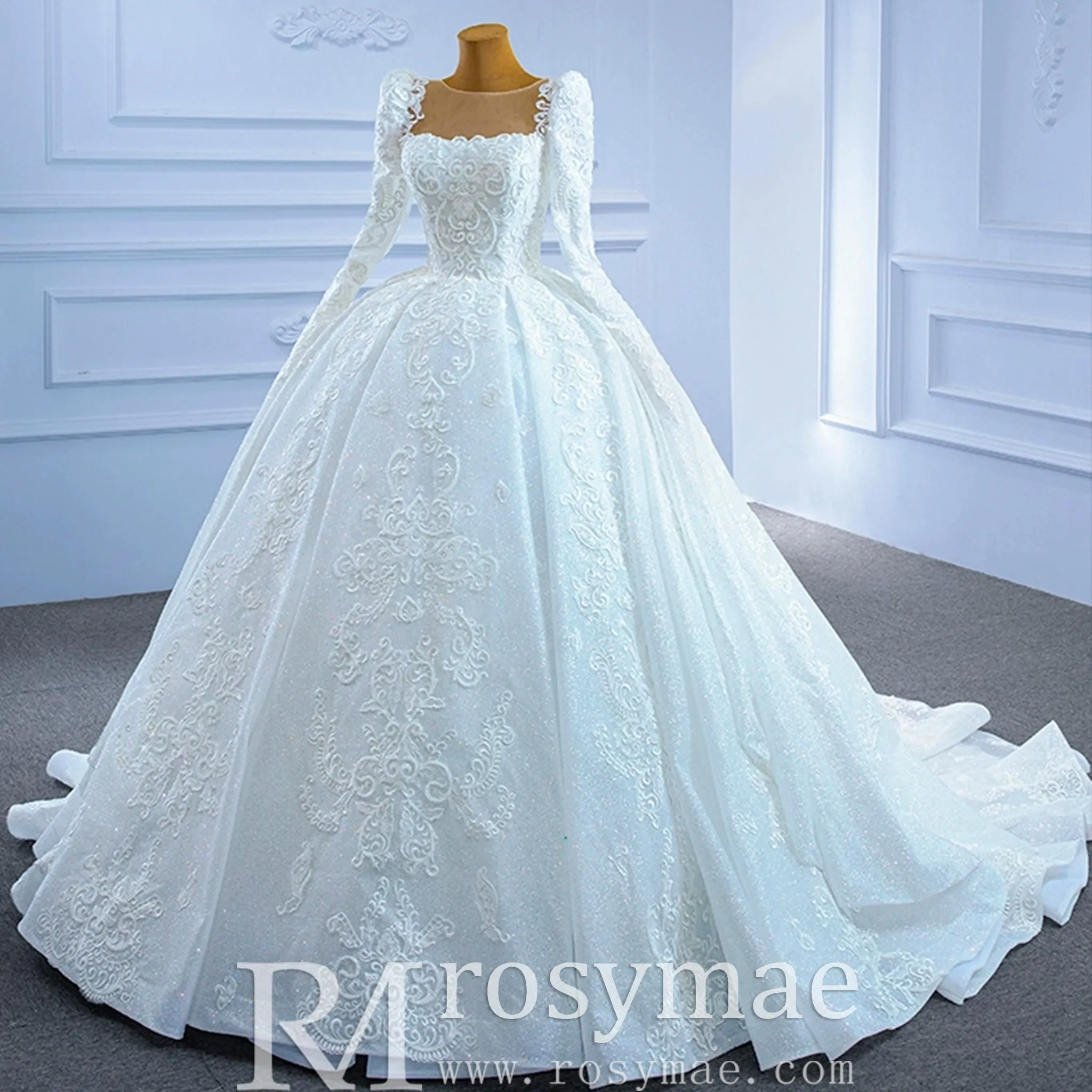 Vintage Beaded Lace Sheer Scoop Wedding Dress with Long Sleeves