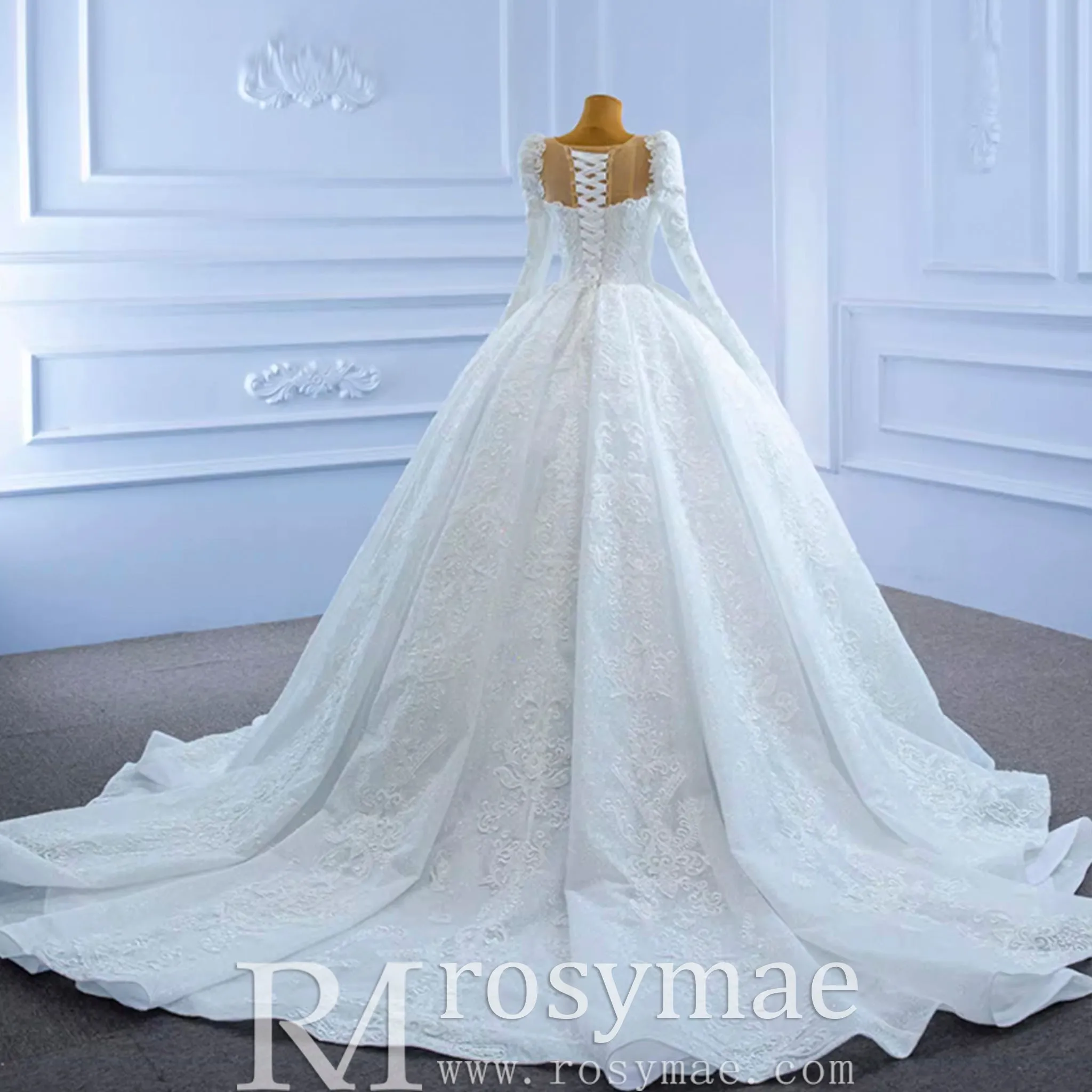 Vintage Beaded Lace Sheer Scoop Wedding Dress with Long Sleeves