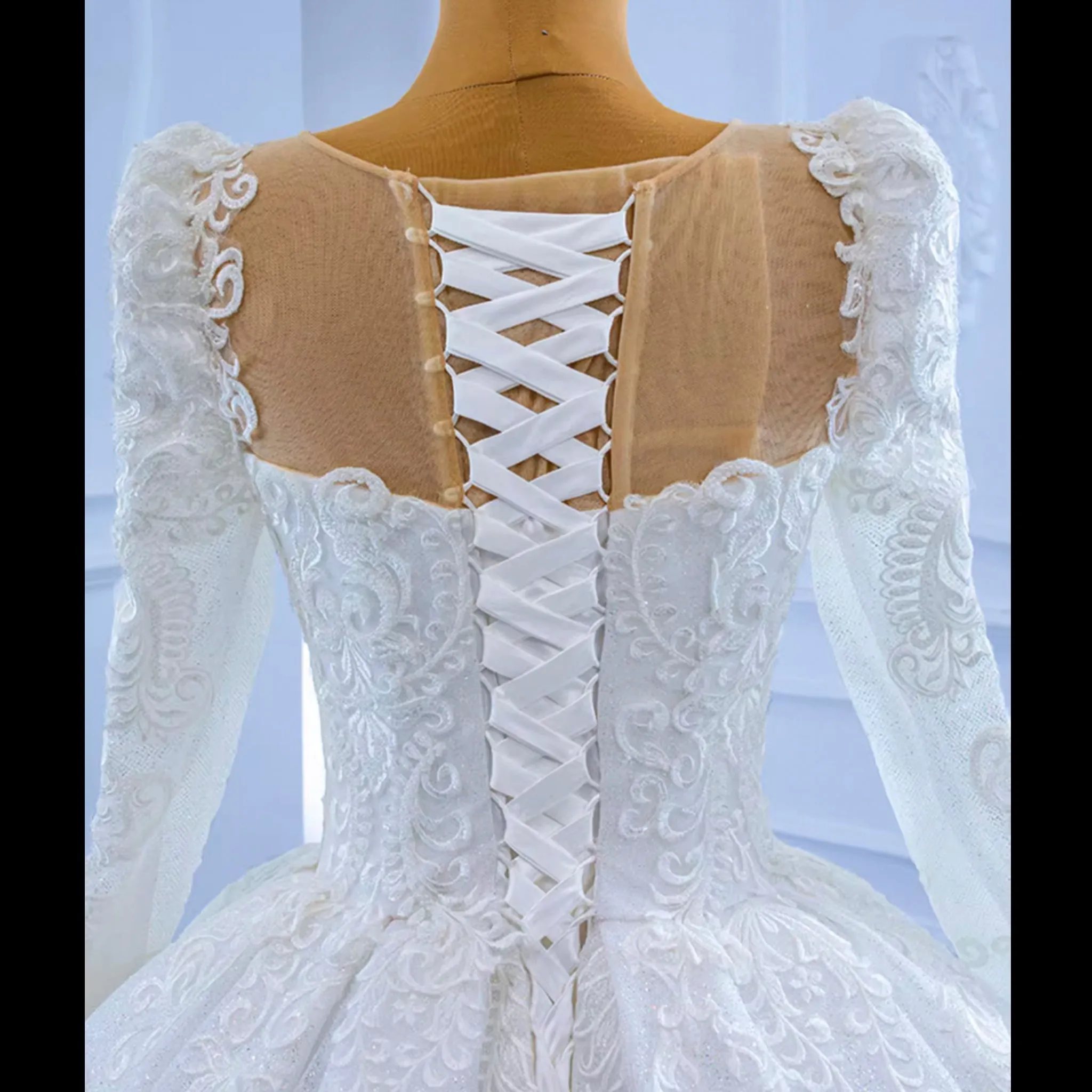 Vintage Beaded Lace Sheer Scoop Wedding Dress with Long Sleeves