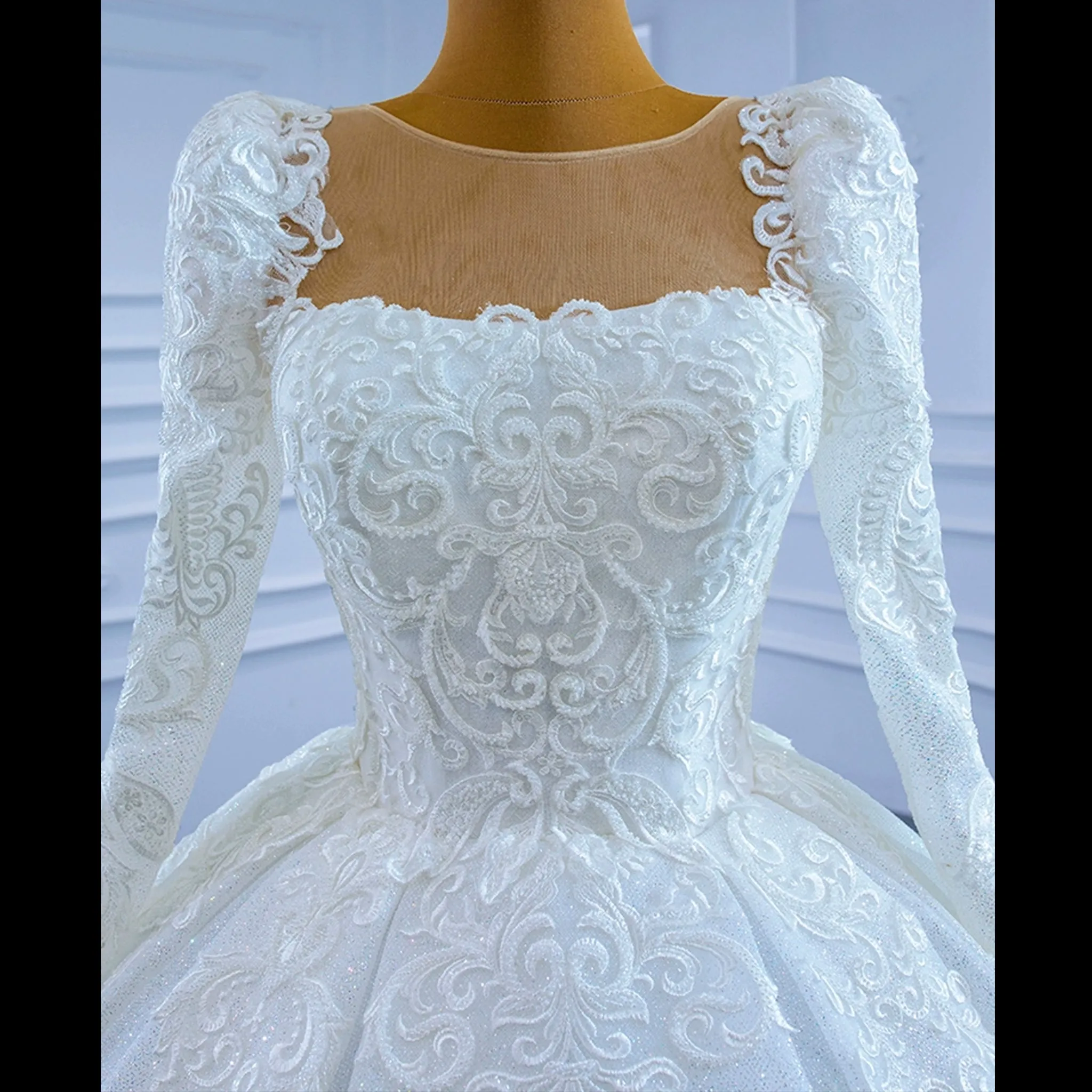 Vintage Beaded Lace Sheer Scoop Wedding Dress with Long Sleeves