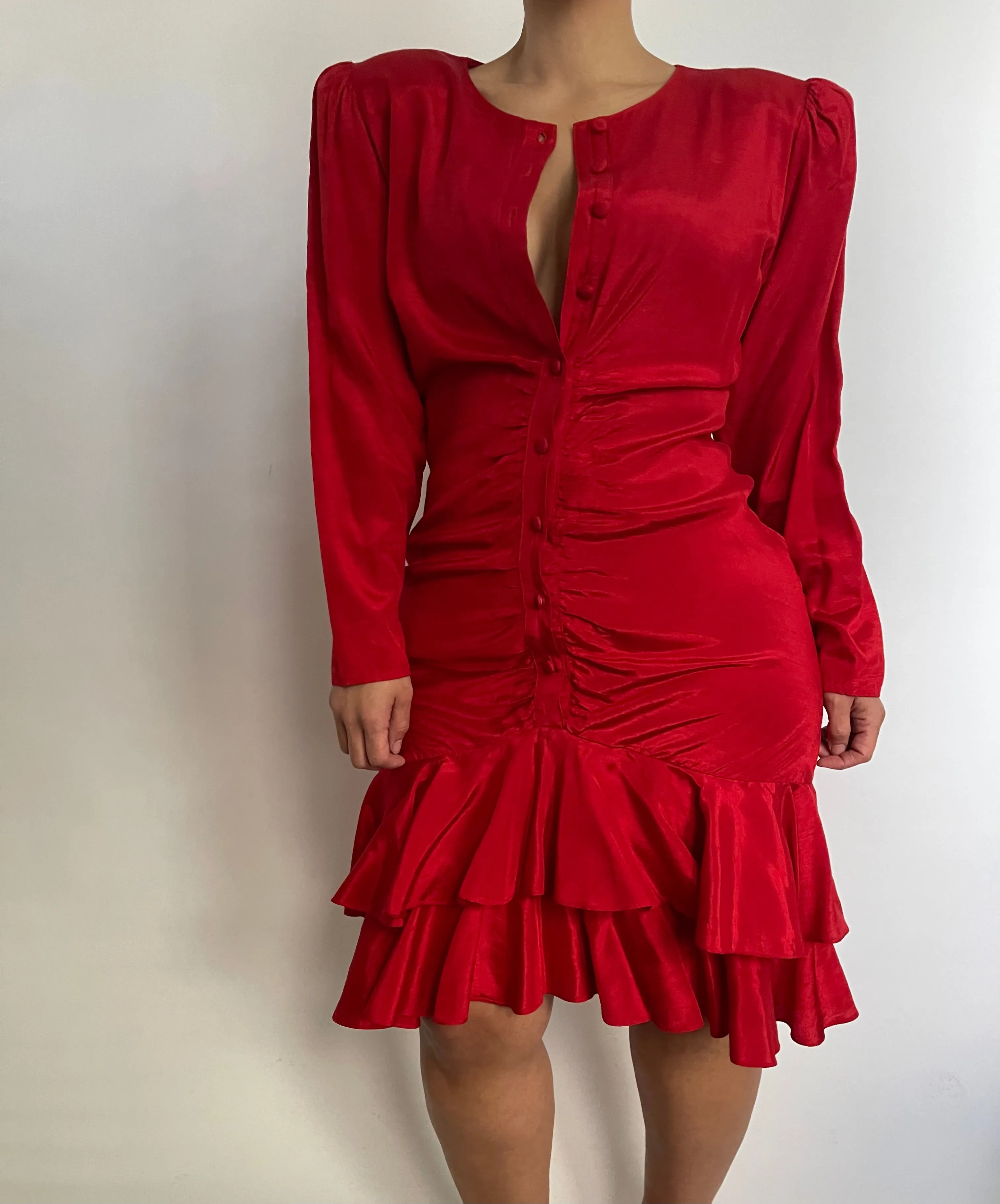 VINTAGE DUPIONI SILK RED LONG SLEEVE RUCHED FRONT DRESS - SIZE M