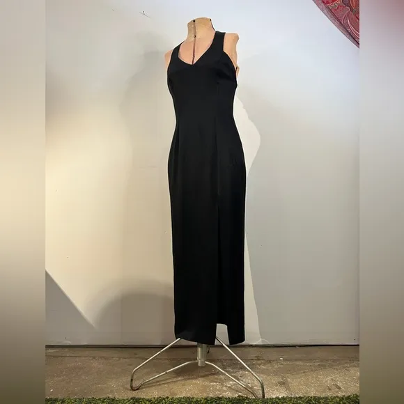Vintage Jessica McClintock Gunne Sax Black Dress with Slit and Back Detail