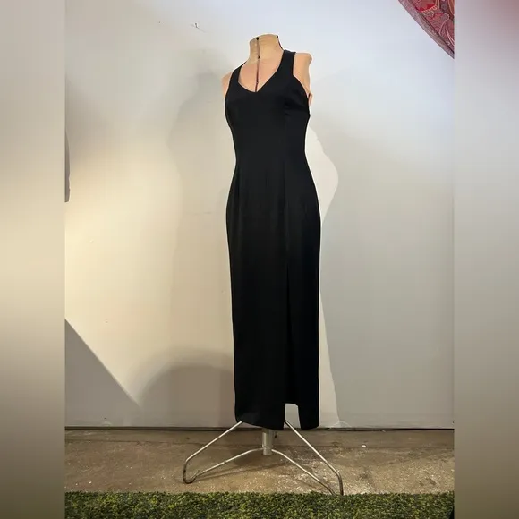 Vintage Jessica McClintock Gunne Sax Black Dress with Slit and Back Detail
