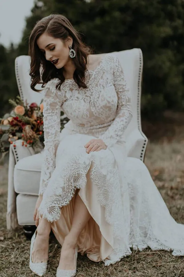 Vintage Long Sleeves Lace Mermaid Backless Wedding Dress, Bridal Gown, MW562