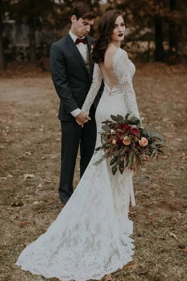 Vintage Long Sleeves Lace Mermaid Backless Wedding Dress, Bridal Gown, MW562