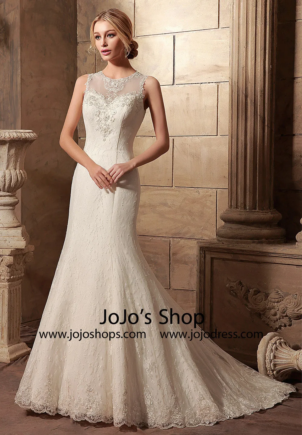 Vintage Style Lace Mermaid Wedding Dress with Illusion Neckline | HL1017