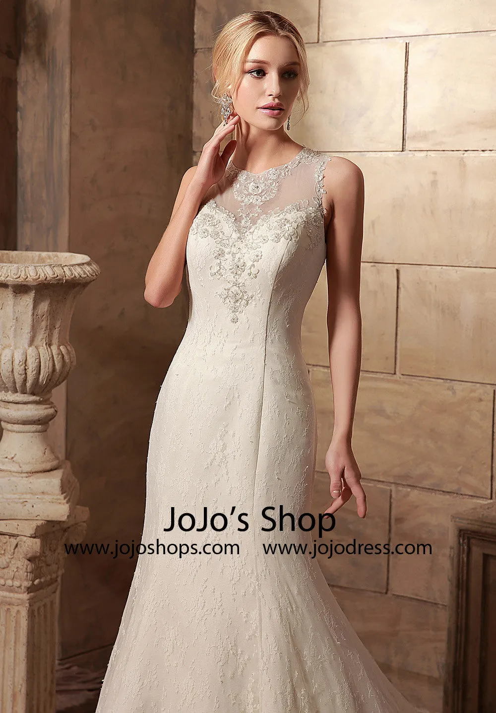 Vintage Style Lace Mermaid Wedding Dress with Illusion Neckline | HL1017
