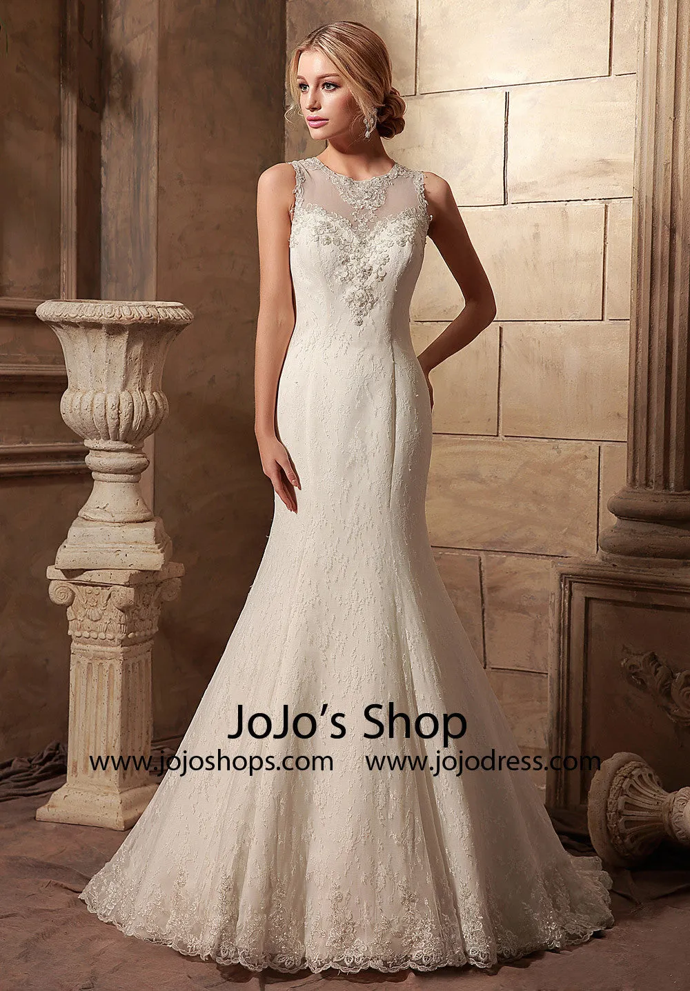 Vintage Style Lace Mermaid Wedding Dress with Illusion Neckline | HL1017