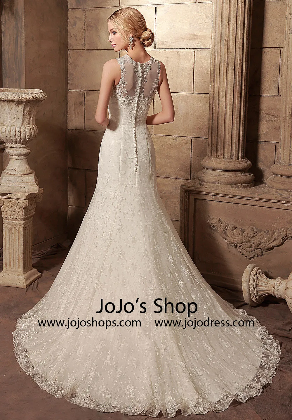 Vintage Style Lace Mermaid Wedding Dress with Illusion Neckline | HL1017