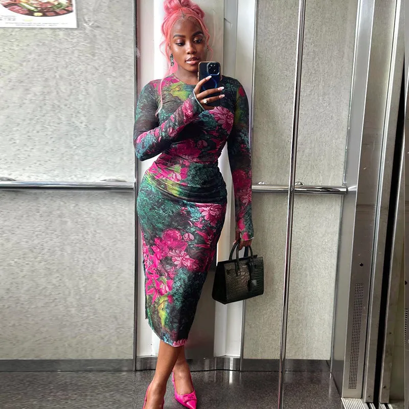 Vivid Floral Print Sheer Mesh Long Sleeve Bodycon Midi Dress