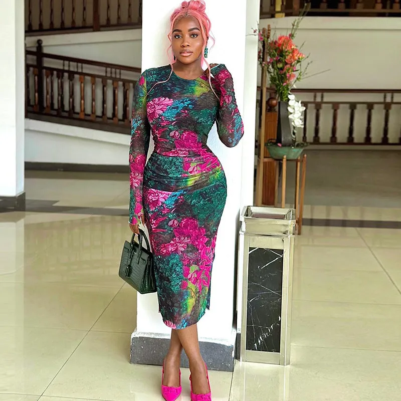 Vivid Floral Print Sheer Mesh Long Sleeve Bodycon Midi Dress