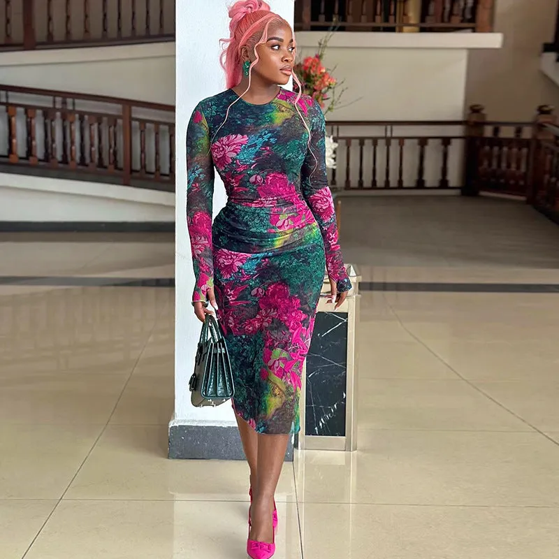Vivid Floral Print Sheer Mesh Long Sleeve Bodycon Midi Dress