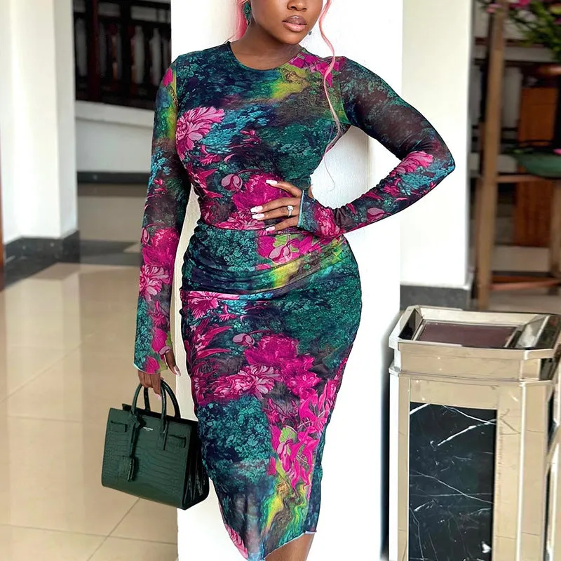 Vivid Floral Print Sheer Mesh Long Sleeve Bodycon Midi Dress