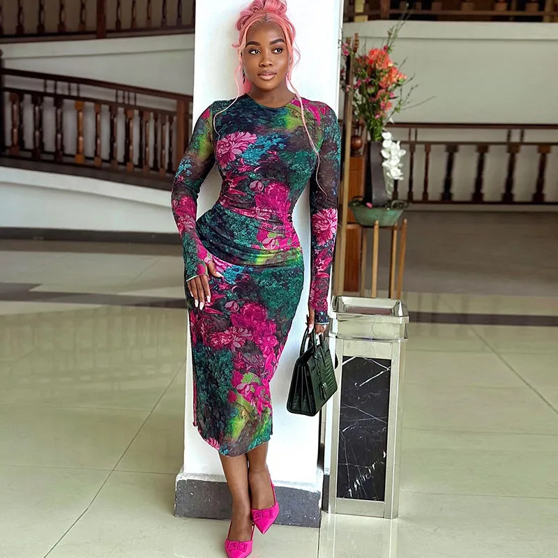 Vivid Floral Print Sheer Mesh Long Sleeve Bodycon Midi Dress