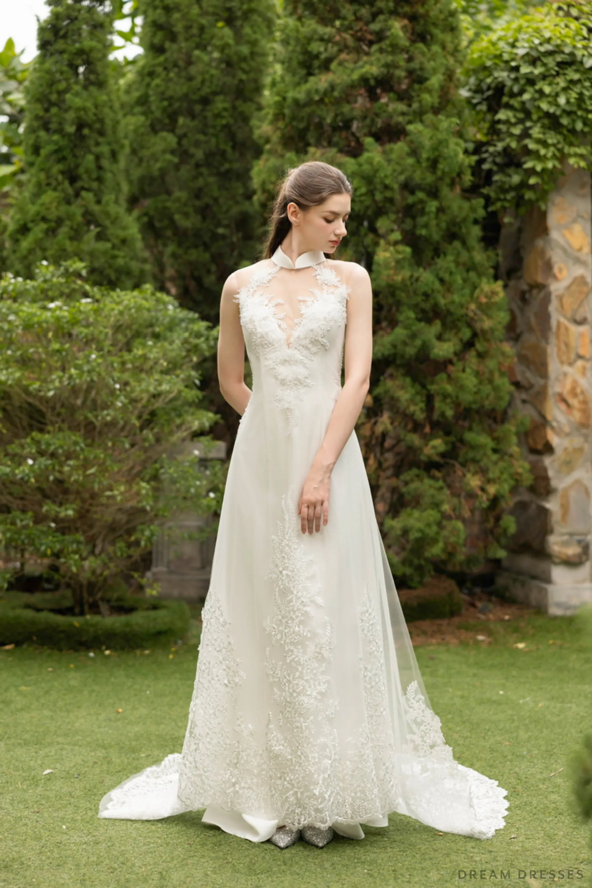 White Ao Dai | Modern Vietnamese Bridal Dress with Couture Lace (#KINA)