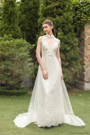 White Ao Dai | Modern Vietnamese Bridal Dress with Couture Lace (#KINA)