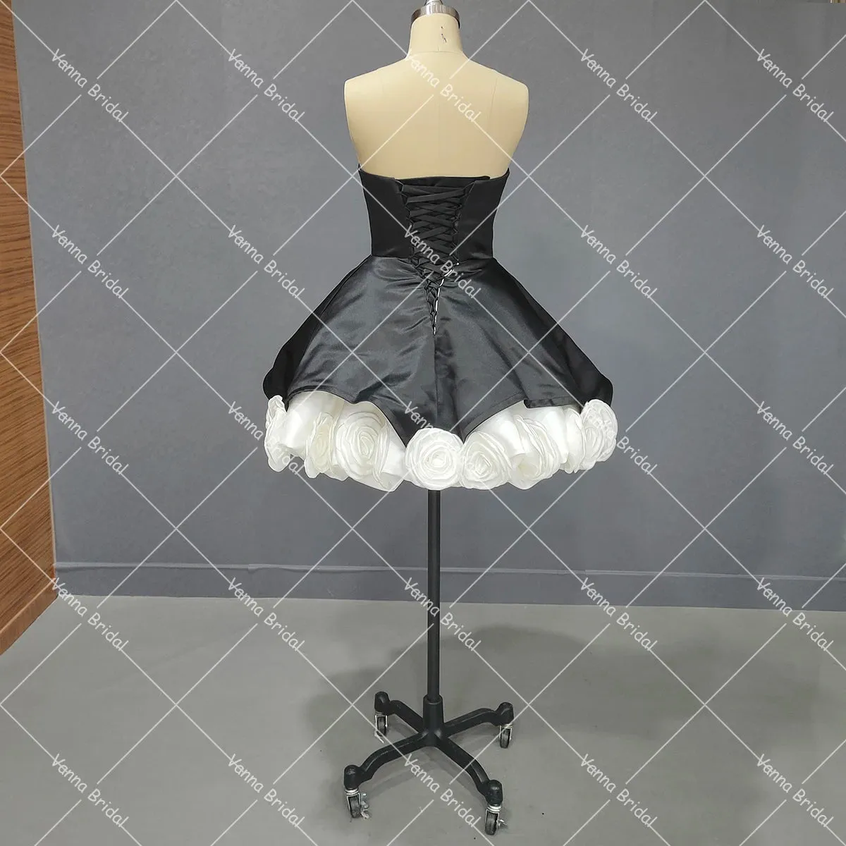White Black Rosette Flower Mini Cocktail Dress Strapless Customized 3D Rose Flowers Real Photos Puffy Gothic Wedding Gowns