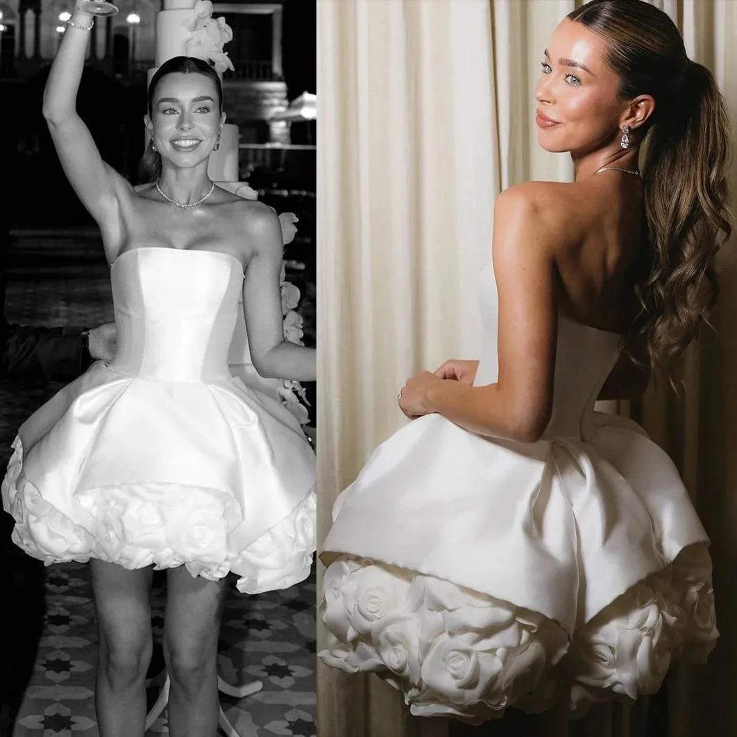 White Black Rosette Flower Mini Cocktail Dress Strapless Customized 3D Rose Flowers Real Photos Puffy Gothic Wedding Gowns