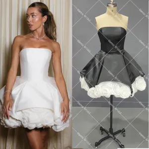 White Black Rosette Flower Mini Cocktail Dress Strapless Customized 3D Rose Flowers Real Photos Puffy Gothic Wedding Gowns