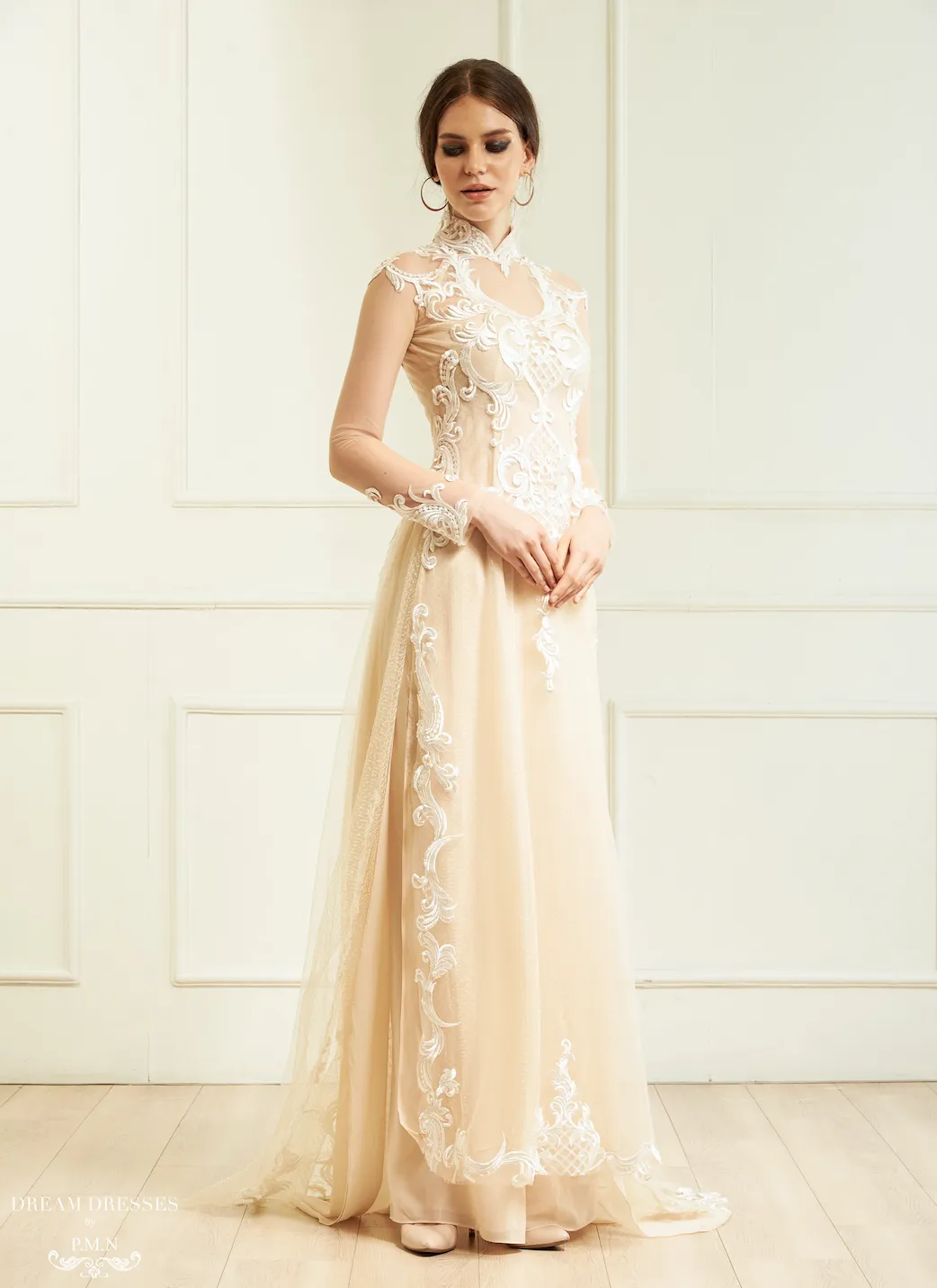 White Bridal Ao Dai | Vietnamese Lace Bridal Dress (#CINDA)