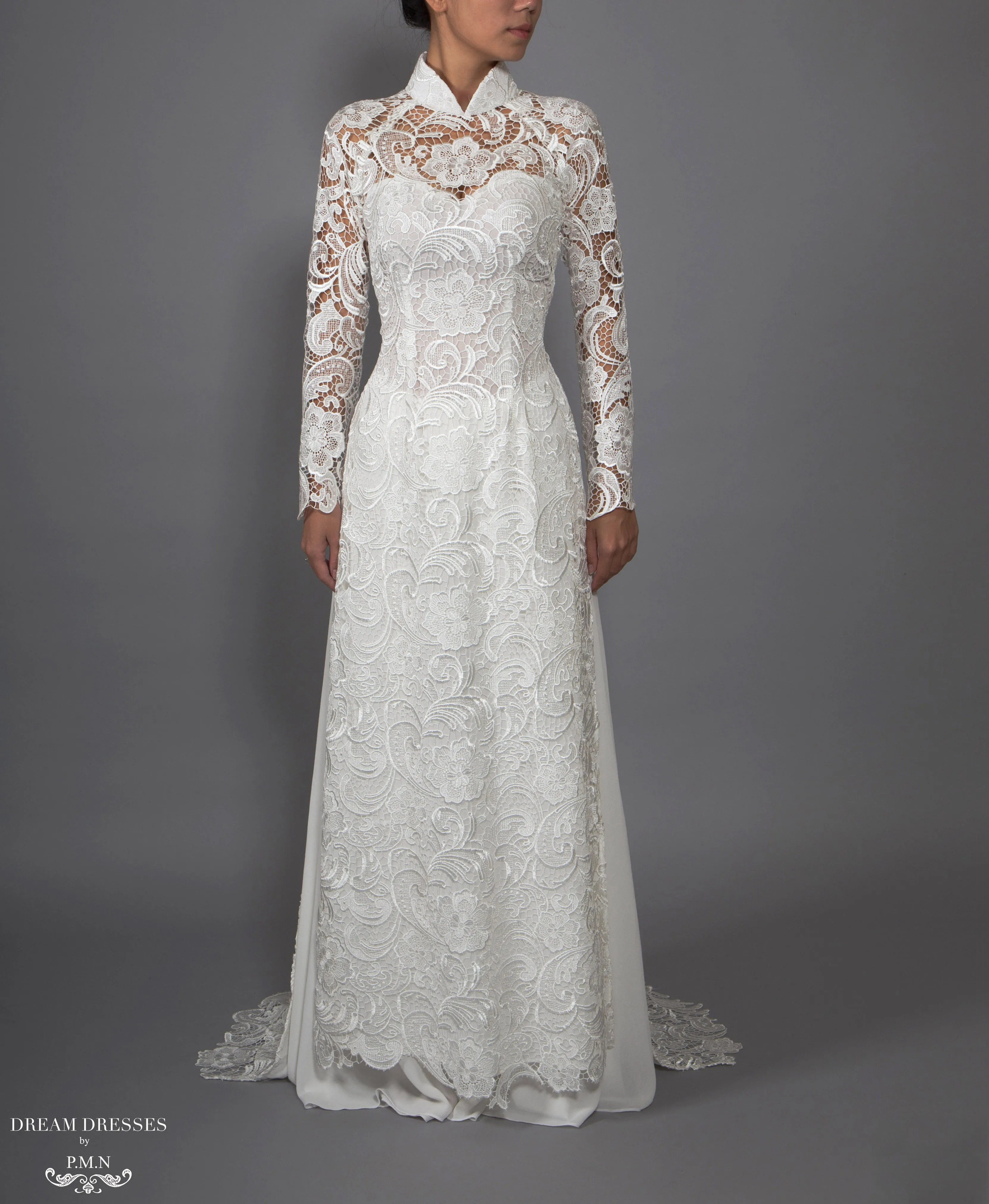 White Bridal Ao Dai | Vietnamese Lace Bridal Dress (#MELISSA)