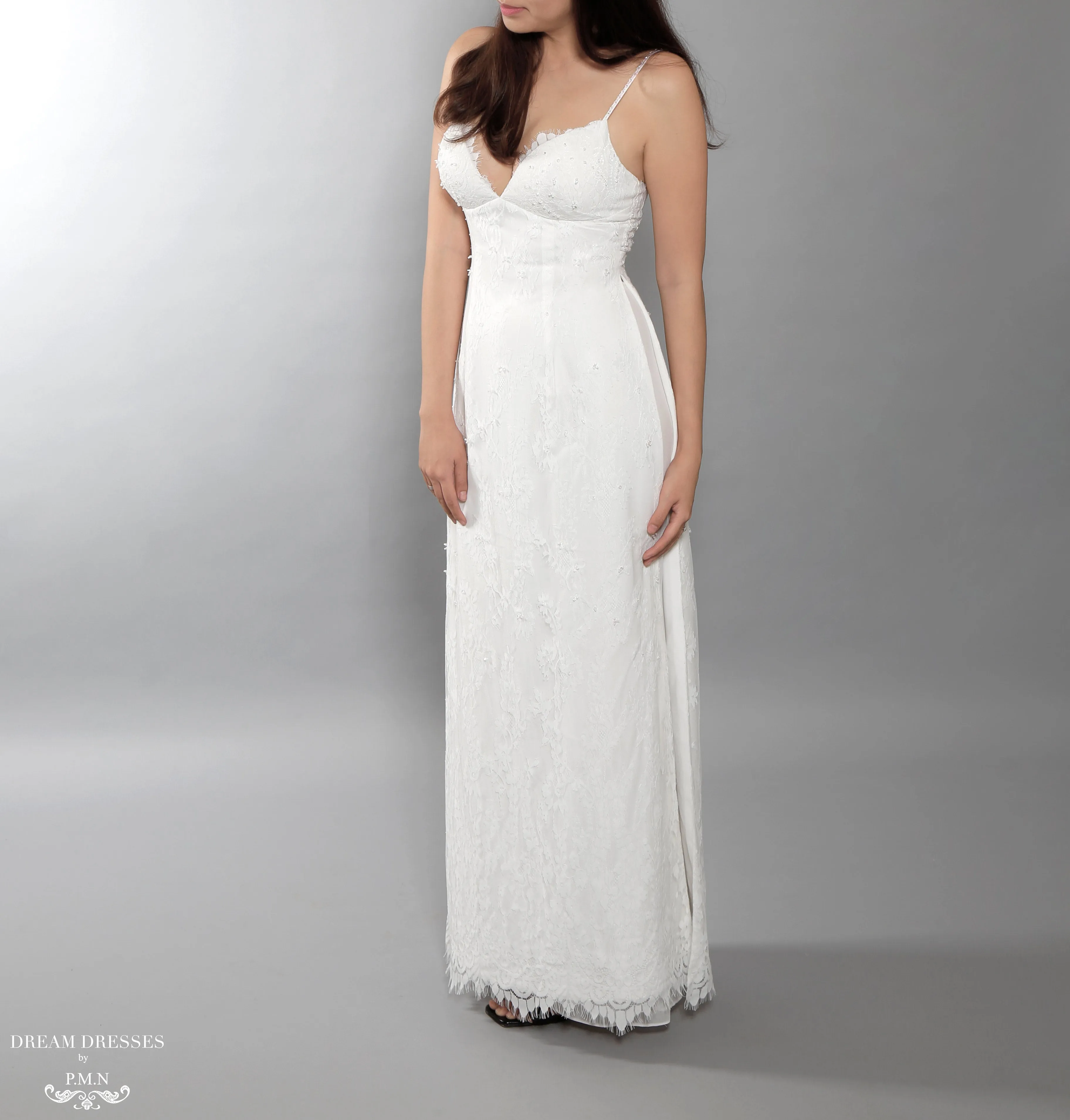 White Bridal Ao Dai | Vietnamese Lace Bridal Dress with Modern Neckline (#AIMEE)