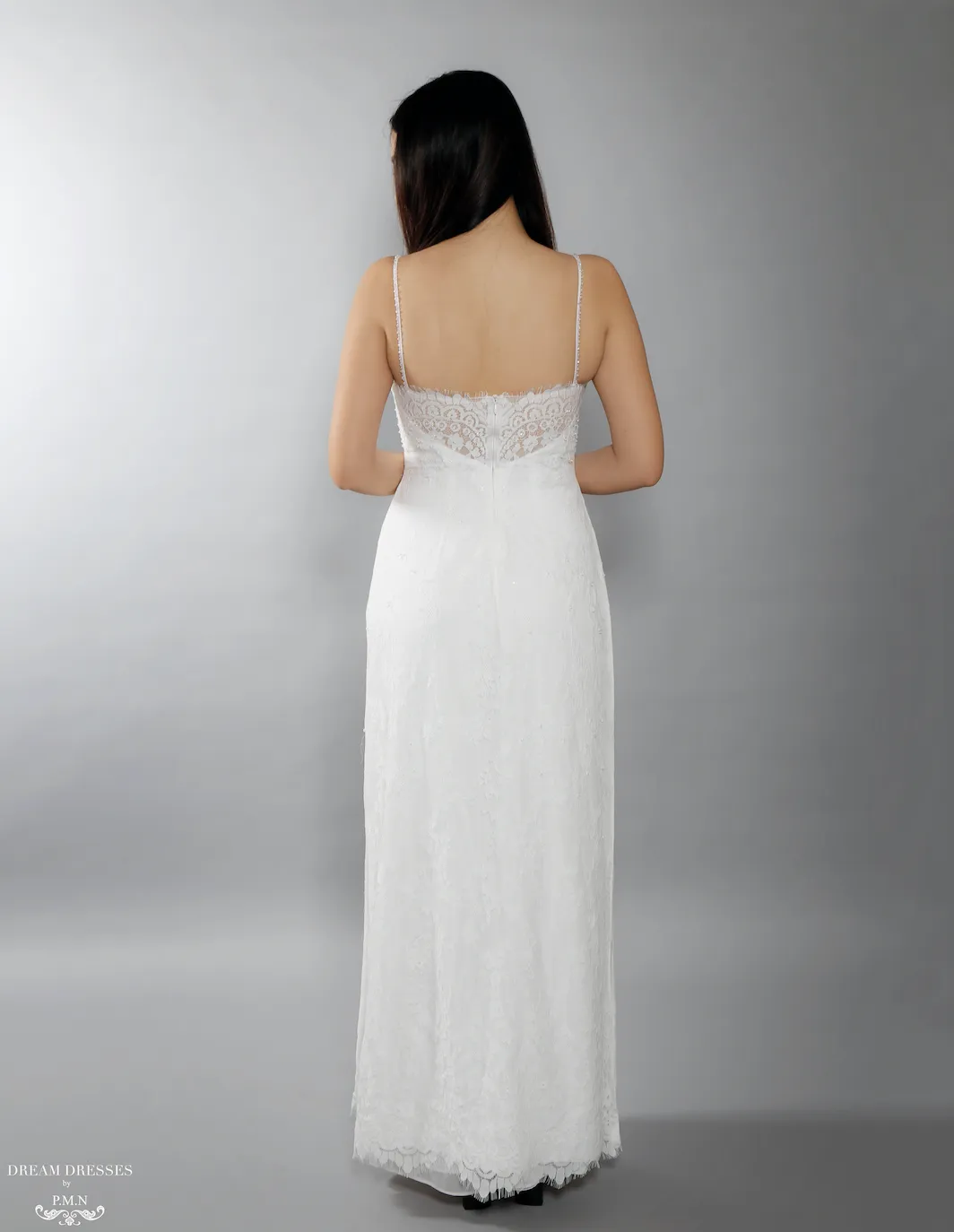 White Bridal Ao Dai | Vietnamese Lace Bridal Dress with Modern Neckline (#AIMEE)