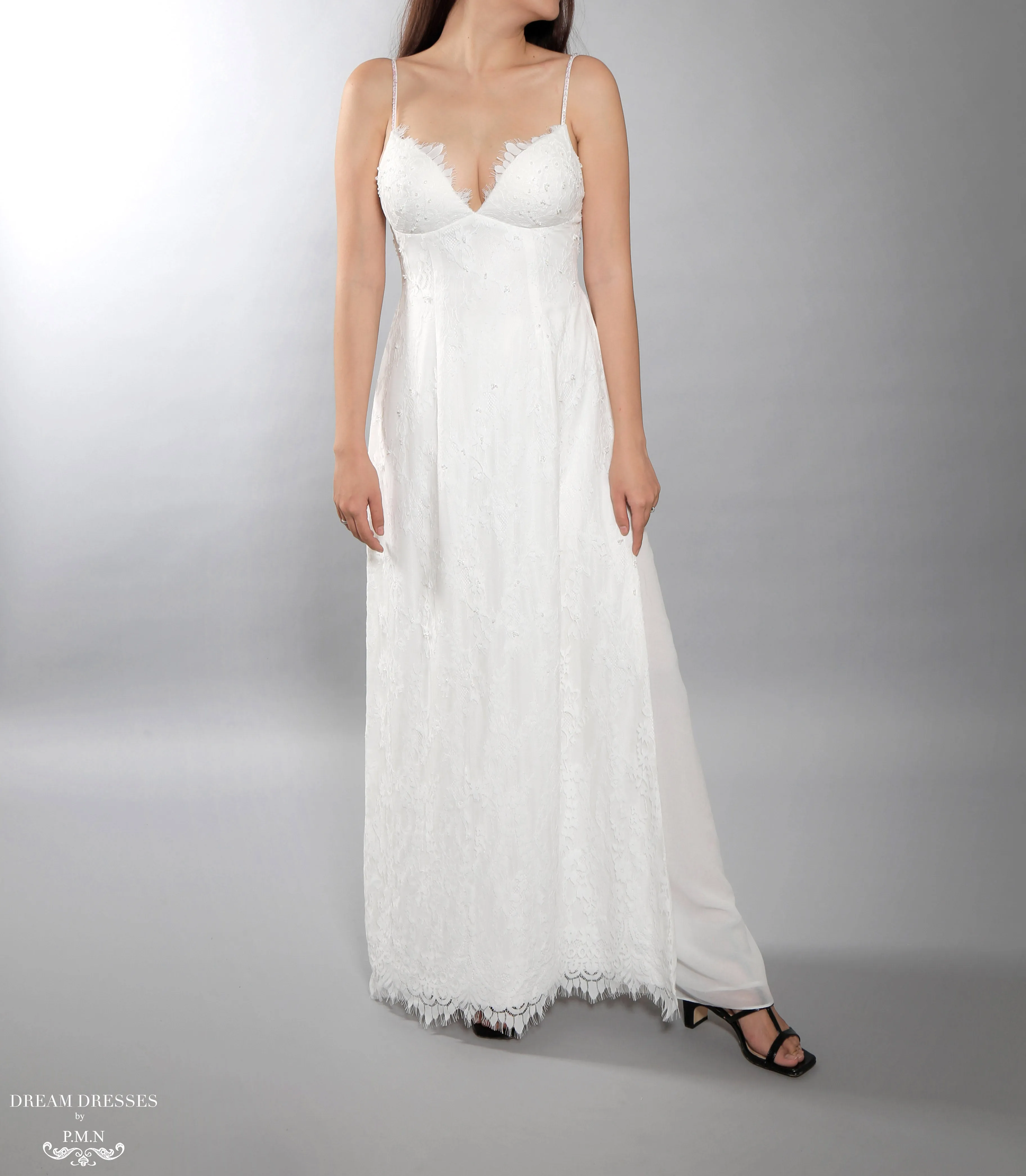 White Bridal Ao Dai | Vietnamese Lace Bridal Dress with Modern Neckline (#AIMEE)