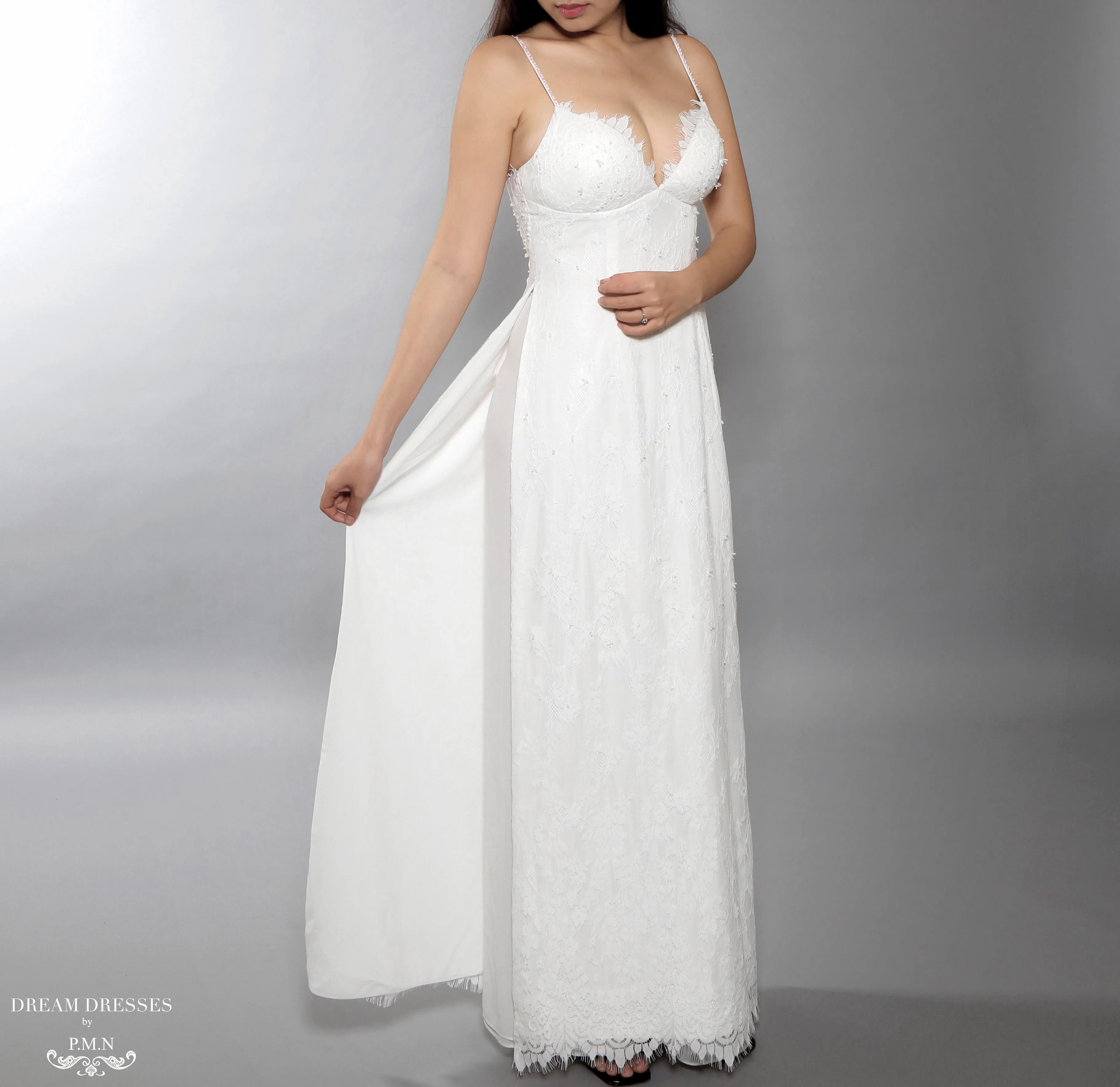 White Bridal Ao Dai | Vietnamese Lace Bridal Dress with Modern Neckline (#AIMEE)