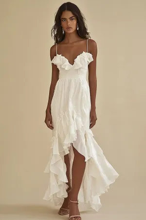 White Chiffon High-Low Mermaid Graduation Dress with Ruffles