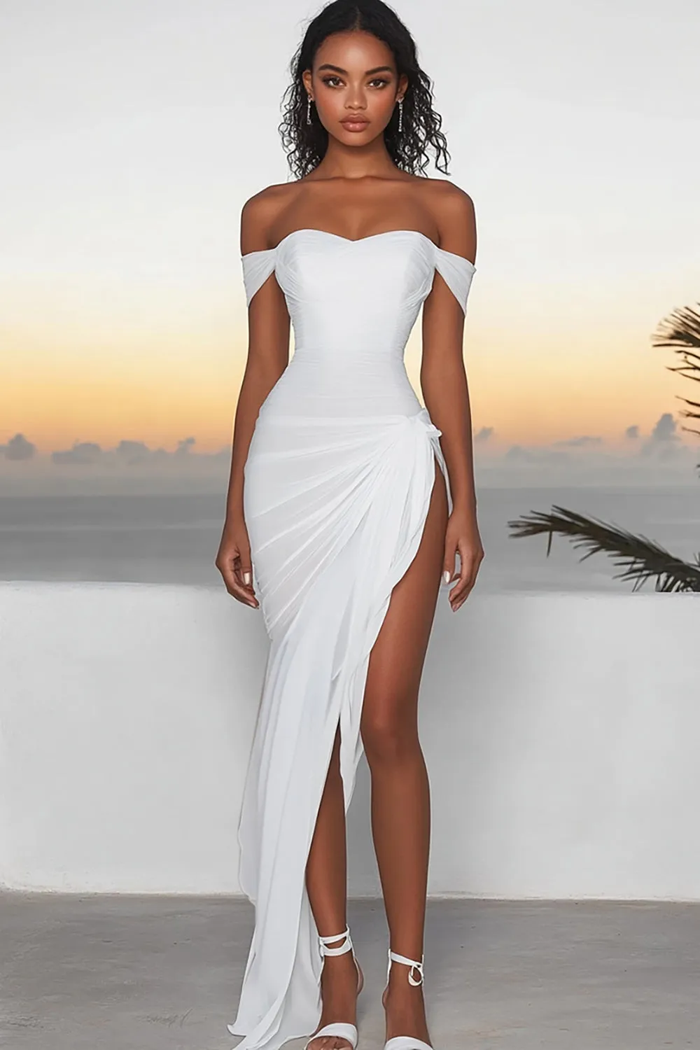 White Chiffon Off The Shoulder Asymmetrical Engagement Dress
