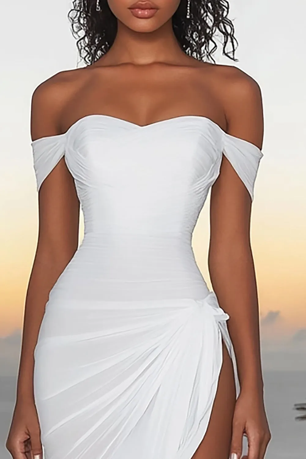 White Chiffon Off The Shoulder Asymmetrical Engagement Dress