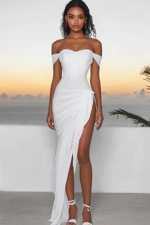 White Chiffon Off The Shoulder Asymmetrical Engagement Dress