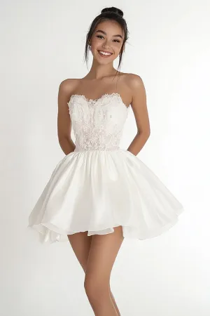 White Chiffon Strapless Short A Line Graduation Dress with Lace